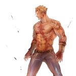  1boy 6_(brm6) abs bangs beowulf_(fate) blonde_hair denim facial_hair fate/grand_order fate_(series) feet_out_of_frame goatee highres jeans large_pectorals looking_at_viewer male_focus mature_male muscular muscular_male nipples pants pectorals red_eyes scar scar_across_eye scar_on_chest short_hair shoulder_tattoo sideburns smirk solo standing stomach tattoo textless_version topless_male 