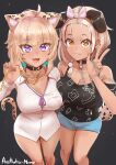  2girls :3 absurdres aestheticc-meme ahoge animal_collar animal_ears animal_print artist_name bangs_pinned_back black_background blonde_hair bone bow bra breasts brown_eyes cat_ears cat_tail chain chain_leash choker cleavage collar collarbone cowboy_shot dark-skinned_female dark_skin denim denim_shorts dog_ears dog_tail dress_shirt eyelashes eyes_visible_through_hair fang futo-inu gold_chain hair_bow hair_ornament highres holding holding_chain hololive hoso-inu inugami_korone knees large_breasts leash leopard_print long_hair looking_at_viewer low-tied_long_hair medium_breasts multiple_girls naked_shirt nekomata_okayu official_alternate_costume pom_pom_(clothes) pom_pom_hair_ornament purple_eyes see-through shirt short_shorts shorts smile starry_background tail tank_top thighs tsurime underwear v viewer_holding_leash virtual_youtuber 