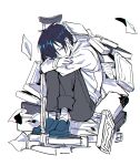  1boy aiba_ibuki bandaged_leg bandages black_hair blue_eyes blue_footwear book bright_pupils chinese_commentary chromatic_aberration commentary_request crutch grey_pants hair_over_one_eye hood hood_down hoodie hugging_own_legs male_focus pants partially_colored pile_of_books red-xii saibou_shinkyoku short_hair sitting solo white_pupils 