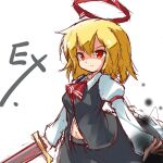  1girl bangs black_skirt black_vest blonde_hair breasts collared_shirt cowboy_shot ex-rumia hair_ribbon halo holding holding_sword holding_weapon light_frown long_sleeves medium_breasts medium_hair navel necktie red_eyes red_necktie red_ribbon ribbon rumia ryogo serious shirt simple_background sketch skirt skirt_set solo sword touhou v-shaped_eyebrows vest weapon white_background white_shirt 