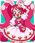  1girl bangs bow cake_hair_ornament choker commentary cure_whip earrings food-themed_hair_ornament frills gloves hair_ornament highres hinoki_(91011) jewelry kirakira_precure_a_la_mode long_hair magical_girl open_mouth pink_bow pink_choker pink_eyes pink_hair pom_pom_(clothes) pom_pom_earrings pouch precure puffy_short_sleeves puffy_sleeves short_sleeves smile solo swept_bangs symbol-only_commentary usami_ichika very_long_hair white_gloves 