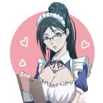  1girl absurdres black_hair blue_eyes breasts cleavage earrings fire_emblem glasses heart highres jewelry large_breasts looking_at_viewer maid necklace pink_background ponytail shimazaki_maiko short_sleeves solo takobaka tokyo_mirage_sessions_fe 