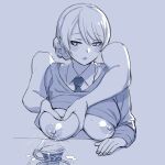  1boy 1girl bangs blue_theme blush breast_grab breast_milk breasts clothes_lift collar collared_shirt cup darjeeling_(girls_und_panzer) girls_und_panzer grabbing grabbing_from_behind hand_milking highres lactating_into_cup lactation looking_to_the_side medium_breasts monochrome necktie nipples onsen_tamago_(hs_egg) parted_lips school_uniform shirt shirt_lift short_hair simple_background solo_focus st._gloriana&#039;s_school_uniform sweatdrop sweater sweater_lift teacup 