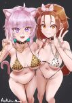  2girls :3 absurdres aestheticc-meme ahoge animal_collar animal_ears animal_print artist_name bangs_pinned_back bikini black_background bow breasts breasts_apart brown_eyes brown_hair cat_ears cat_tail chain chain_leash choker collar collarbone cowboy_shot dalmatian_print dog_ears dog_tail eyelashes fang gold_chain hair_bow hair_ornament highres holding holding_chain hololive inugami_korone knees large_breasts leash leopard_print long_hair looking_at_viewer low-tied_long_hair medium_breasts multiple_girls navel nekomata_okayu pom_pom_(clothes) pom_pom_hair_ornament print_bikini purple_eyes purple_hair side-tie_bikini_bottom smile starry_background swimsuit tail thighs thong_bikini tsurime underboob v viewer_holding_leash virtual_youtuber 
