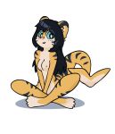  absurd_res anthro black_hair blue_eyes breasts felid female fur hair hi_res mammal nude pantherine rolo_stuff sitting smile smiling_at_viewer solo solo_focus tan_body tan_fur tiger yellow_body yellow_fur 