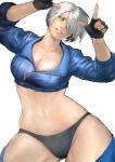  1girl angel_(kof) bangs black_jacket blue_eyes bra breasts chaps cropped_jacket finger_horns fingerless_gloves gloves hair_over_one_eye highres horns_pose index_fingers_raised jacket large_breasts leather leather_jacket long_sleeves midriff navel nobubu open_mouth smile snk strapless strapless_bra teeth the_king_of_fighters the_king_of_fighters_2001 toned underwear white_hair 