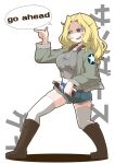  1girl black_footwear black_shirt blonde_hair blue_eyes blue_shorts boots bottle brown_jacket character_name commentary_request cutoffs denim denim_shorts emblem english_text from_behind full_body girls_und_panzer hair_intakes holding holding_bottle jacket kay_(girls_und_panzer) long_hair long_sleeves looking_to_the_side midriff military military_uniform open_clothes open_jacket open_mouth partial_commentary pepsi pointing saunders_military_uniform shadow shirt short_shorts shorts simple_background smile smirk soda_bottle solo standing star_(symbol) thighhighs translated uniform white_background white_thighhighs zannen_na_hito 
