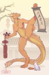  anthro anus blush bodily_fluids breasts dragon female genital_fluids genitals hi_res horn looking_at_viewer nipples nude pussy raised_leg smile solo sonimad_(artist) tail 