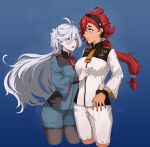  2girls absurdres ahoge aqua_eyes arm_around_waist asticassia_school_uniform black_hairband blue_background blue_nails breast_poke cowlick cropped_legs fingernails green_jacket green_shorts grey_eyes grey_hair grey_pantyhose gundam gundam_suisei_no_majo hair_between_eyes hairband highres jacket long_sleeves looking_at_another low_ponytail miorine_rembran multiple_girls nail_polish necktie open_mouth pale_laomo pantyhose pantyhose_under_shorts poking red_hair red_nails red_necktie school_uniform shorts sideways_mouth suletta_mercury thick_eyebrows white_jacket white_shorts wide_sleeves yellow_necktie yuri 