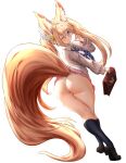  1girl animal_ear_fluff animal_ears ass black_socks blonde_hair blue_eyes braco brown_skirt brown_sweater commentary commission elin english_commentary feathers fox_ears fox_girl from_side full_body hair_ornament hugging_own_tail kneehighs knees_up large_tail long_hair no_panties one_eye_closed open_mouth plushmallow_(elin) ponytail school_uniform shirt simple_background skirt socks solo sweater tail tail_hug tera_online thighs white_background white_shirt 