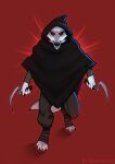 2023 3_fingers anthro black_cloak black_hood black_sclera canid canine canis claws clothing death_(puss_in_boots) diaminerre digital_drawing_(artwork) digital_media_(artwork) digitigrade evil_grin evil_look fangs fingers full-length_portrait fur glowing glowing_eyes grey_body grey_fur grin holding_object holding_weapon looking_at_viewer male mammal melee_weapon multicolored_body multicolored_fur portrait puss_in_boots_the_last_wish red_background red_eyes sharp_teeth sickle signature simple_background smile smiling_at_viewer solo teeth teeth_showing two_tone_body two_tone_fur weapon wolf 