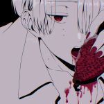  1boy asagi_nanase black_background eating food fruit highres holding holding_food holding_fruit juice kirisaki_shidou looking_at_viewer male_focus milgram mole mole_under_eye nail_polish open_mouth partially_colored pomegranate red_eyes red_nails solo 