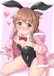  1girl 2023 animal_ears black_leotard bow bowtie breasts brown_eyes brown_hair chinese_zodiac detached_collar fake_animal_ears fake_tail folded_ponytail happy_new_year heart highres inazuma_(kancolle) leotard new_year open_clothes open_hood playboy_bunny rabbit rabbit_ears rabbit_girl rabbit_tail small_breasts solo strapless strapless_leotard tail takoyaki_(takoyaki-batake) year_of_the_rabbit 