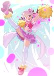  1girl clover_earrings cone_hair_bun cure_yell hair_bun hair_ornament heart heart_hair_ornament heart_pouch highres hugtto!_precure leg_up long_hair magical_girl midriff nono_hana pink_eyes pink_footwear pink_hair pink_skirt pom_pom_(cheerleading) precure short_bangs skirt solo thighhighs tiler_(tiler00) white_thighhighs 