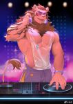  1boy abs absurdres animal_ears bara beard cowboy_shot dj facial_hair frde furry furry_male goggles headphones highres large_pectorals lion_boy lion_ears lion_tail long_beard long_hair looking_at_viewer male_focus mature_male muscular muscular_male navel navel_hair original pectoral_cleavage pectorals see-through shirt shorts smile solo stomach tail tail_raised thick_eyebrows wet wet_clothes wet_shirt 
