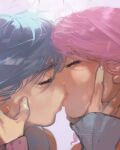  2girls blue_hair close-up closed_eyes commentary eyelashes french_kiss highres incest kiss little_thunder multiple_girls original pink_hair selfcest siblings sisters sleeves_past_wrists twincest twins yuri 