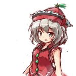  1girl bangs bare_arms blush collared_shirt grey_eyes grey_hair hat looking_at_viewer lyrica_prismriver open_mouth red_headwear red_shirt red_skirt ryogo shirt short_hair simple_background sketch skirt skirt_set sleeveless sleeveless_shirt smile solo touhou upper_body white_background 