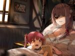  2girls aged_down bandage_over_one_eye blind brown_hair eyepatch funi_mu9 heterochromia highres hololive houshou_marine jewelry mother_and_daughter multiple_girls necklace open_mouth picture_frame red_eyes red_hair side_ponytail smile twintails virtual_youtuber yellow_eyes 