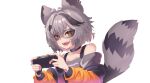  1girl absurdres animal_ears black_choker black_hair choker controller domino_mask eye_mask fangs gabinlili game_controller grey_hair grey_shirt hair_ornament heart heart_choker highres indie_virtual_youtuber jacket looking_at_viewer mask medium_hair multicolored_hair open_mouth raccoon_ears raccoon_girl raccoon_tail shirt simple_background snuffy_(vtuber) streaked_hair tail virtual_youtuber white_background x_hair_ornament yellow_eyes yellow_jacket 