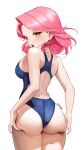  1girl ass back_cutout bare_shoulders blue_one-piece_swimsuit blush breasts clothing_cutout commentary cowboy_shot eden_(shiroki_yuutsu) english_commentary from_behind hands_on_own_ass looking_at_viewer looking_back medium_hair one-piece_swimsuit open_mouth original pink_hair shadow signature simple_background solo swimsuit teeth upper_teeth_only white_background 