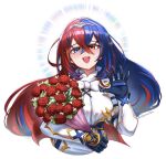  1girl alear_(female)_(fire_emblem) alear_(fire_emblem) armor bangs blue_eyes blue_hair blush breasts burnt_green_tea crossed_bangs fire_emblem fire_emblem_engage flower gloves heterochromia jewelry long_hair looking_at_viewer medium_breasts multicolored_hair open_mouth red_eyes red_hair smile solo split-color_hair tiara two-tone_hair very_long_hair 