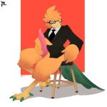  anthro avian avian_feet beak big_penis bird bottomless brown_body brown_feathers claws clothed clothing dress_shirt eyewear feather_hands feathers genitals glasses green_claws hand_on_penis hi_res looking_at_viewer male necktie penis presenting presenting_penis shirt solo suit tail_feathers topwear vilf 