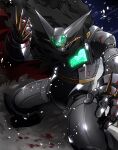  absurdres amakawa_mayu black_cape black_getter blood cape clenched_hands from_above getter_robo glowing highres mecha no_humans robot science_fiction shin_getter_robo spiked_knuckles super_robot yellow_eyes 