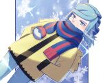  1boy aqua_eyes aqua_hair blue_scarf blush commentary_request cowboy_shot eyelashes grusha_(pokemon) hands_in_pockets highres jacket male_focus mocacoffee_1001 outline pants poke_ball_print pokemon pokemon_(game) pokemon_sv scarf scarf_over_mouth snowflakes solo striped striped_scarf yellow_jacket 