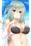  1girl aqua_hair bangs bare_shoulders bikini black_bikini blue_sky blush breasts cleavage closed_mouth cloud collarbone curvy eyelashes finger_to_mouth fingernails green_eyes hair_between_eyes hair_over_shoulder highres index_finger_raised labcoat large_breasts lips long_hair looking_at_viewer midriff navel open_labcoat polka_dot polka_dot_bikini ribbon-trimmed_bikini riddle_joker shikibe_mayu side_ponytail skindentation sky smile swimsuit tsukune_(bnkv5) undressing upper_body very_long_hair yuzu-soft 