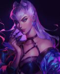  0a00n00 1girl claws demon_girl earrings evelynn_(league_of_legends) evil_grin evil_smile grin highres jacket jewelry k/da_(league_of_legends) league_of_legends looking_at_viewer makeup open_clothes open_jacket slit_pupils smile solo the_baddest_evelynn white_hair yellow_eyes 
