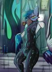 absurd_res avian bulge clothing coat cumcadaver detailed_background detailed_bulge hi_res lab_coat laboratory male pecs rubber rubber_clothing rubber_suit solo solo_focus tentacles thick_thighs topwear 