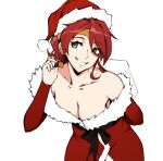  1girl alternate_costume arm_behind_back bare_shoulders breasts circlet cleavage earrings english_commentary forehead_protector green_eyes jewelry levilagann long_hair looking_at_viewer medium_breasts ponytail pyrrha_nikos red_hair rwby santa_costume smile solo white_background 