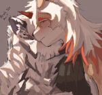  anthro arknights black_body black_fur blush canid canine canis domestic_dog duo english_text felid fur hair half-closed_eyes heiqi0 hung_(arknights) hypergryph long_hair male male/male mammal mountain_(arknights) multicolored_hair narrowed_eyes pantherine striped_body striped_fur stripes studio_montagne text tiger two_tone_hair white_body white_fur white_hair 