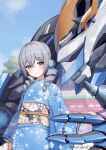  1girl artist_name bangs blue_flower blue_kimono blue_sky blurry blurry_background bronya_zaychik closed_mouth cloud cloudy_sky drill_hair floral_print flower grey_eyes grey_hair hair_flower hair_ornament highres honkai_(series) honkai_impact_3rd japanese_clothes kenjirohayamiti kimono long_hair long_sleeves looking_at_viewer non-humanoid_robot obi outdoors project_bunny robot sash sky smile solo twin_drills upper_body white_flower 