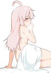  1girl ahoge bed_sheet blush brown_eyes commentary covering_mouth from_behind hand_over_own_mouth highres long_hair looking_at_viewer looking_back naked_sheet nude onii-chan_wa_oshimai! oyama_mahiro pink_hair re:ankh_(mrsz4523) simple_background sitting solo tearing_up white_background yokozuwari 