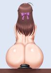  1girl absurdres anal anal_fluid anal_object_insertion ass back bar_censor bow braid brown_hair censored commentary_request completely_nude dildo hair_bow harigane_mutsumi_(harigane623) highres long_hair nude object_insertion original sex_toy sitting solo 