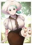 1girl ascot border brown_ascot brown_eyes brown_skirt closed_mouth commentary_request cupcake drill_hair eyelashes food gloves green_hair hat highres holding holding_plate katy_(pokemon) looking_at_viewer manami_huto mole mole_on_cheek plate pokemon pokemon_(game) pokemon_sv puffy_sleeves shirt short_sleeves skirt smile white_border white_headwear 