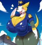  2023 absurd_res anthro anthrofied big_breasts blue_clothing blue_hat blue_headwear blue_top boltund breasts canid canine clothing cloud female generation_8_pokemon gesture giga hat headgear headwear hi_res huge_breasts kify macro mammal nintendo open_mouth pokemon pokemon_(species) police_hat police_officer police_station salute sky solo tongue tongue_out 