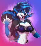  absurd_res anthro black_body black_fur black_hair blue_eyes blue_hair bra breasts breathe_(artist) claws cleavage clothed clothing ear_piercing ear_ring ear_stud eyelashes fangs female fishnet fishnet_armwear fluffy fluffy_tail fur hair hi_res highlights_(coloring) inner_ear_fluff looking_at_viewer mammal mephitid open_mouth piercing punk ring_piercing sharp_teeth skunk solo tail teeth tongue tongue_out tuft underwear white_body white_fur 