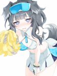  1girl adjusting_skirt animal_ears black_hair blue_archive blue_eyes blush bright_pupils cheerleader collarbone covering covering_crotch dog_ears dog_girl dog_tail eyewear_on_head gloves hibiki_(blue_archive) hibiki_(cheerleader)_(blue_archive) highres looking_at_viewer pleated_skirt pom_pom_(cheerleading) ponytail shino_mera skirt solo tail white_gloves white_pupils 