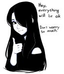  1girl bare_shoulders black_eyes black_hair english_text greyscale hair_over_one_eye long_hair looking_at_viewer monochrome nila_(telepurte) off_shoulder original simple_background solo telepurte thumbs_up upper_body white_background 