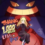  1girl bangs blonde_hair closed_mouth cosplay dress gengar green_eyes hairband hands_up hex_maniac_(pokemon) hex_maniac_(pokemon)_(cosplay) highres kinocopro lillie_(pokemon) long_hair long_sleeves looking_at_viewer milestone_celebration pantyhose pokemon pokemon_(creature) pokemon_(game) pokemon_sm pokemon_xy purple_dress purple_hairband sitting smile thank_you w_arms white_pantyhose 