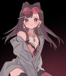  1girl blush brown_eyes brown_hair closed_mouth clothing_request earrings highres jewelry kashiki_yuno lingerie long_hair looking_at_viewer milgram mole mole_under_eye necklace pink_shirt pink_thighhighs shirt smile solo thighhighs underwear yayoripain 