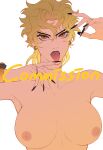  1girl :p absurdres armpits black_nails blonde_hair breasts commission dio_brando earrings fangs fingernails genderswap genderswap_(mtf) highres huang_lia jewelry jojo_no_kimyou_na_bouken large_breasts long_hair nipples nude open_mouth orange_eyes photo-referenced scar scar_on_neck sharp_fingernails simple_background solo stardust_crusaders tongue tongue_out vampire white_background 