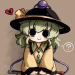  1girl ? black_eyes black_headwear blouse blush bow brown_background buttons closed_mouth crowbar diamond_button eyeball frilled_shirt_collar frilled_sleeves frills green_hair hat hat_bow hat_ribbon heripantomorrow holding_crowbar komeiji_koishi long_sleeves looking_at_viewer medium_hair ribbon shirt sidelocks smile solo speech_bubble spoken_question_mark third_eye touhou upper_body wavy_hair wide_sleeves yellow_bow yellow_ribbon yellow_shirt 