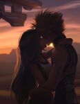  1boy 1girl absurdres aircraft airship black_hair black_skirt black_sports_bra blonde_hair blurry blurry_background closed_eyes cloud cloud_strife cloudy_sky couple crop_top earrings english_commentary final_fantasy final_fantasy_vii final_fantasy_vii_remake from_side hand_on_another&#039;s_back hand_on_another&#039;s_hip height_difference hetero highres jewelry kiss long_hair mountain mountainous_horizon outdoors ribbed_sweater safaiaart single_earring skirt sky sleeveless sleeveless_turtleneck spiked_hair sports_bra sun sunset suspender_skirt suspenders sweater tank_top tifa_lockhart turtleneck turtleneck_sweater undershirt upper_body white_tank_top 