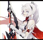  1girl :d ahoge armor bangs bare_shoulders blue_eyes breasts cleavage earrings gauntlets hair_ornament highres holding holding_sword holding_weapon honkai_(series) honkai_impact_3rd jewelry kiana_kaslana kiana_kaslana_(herrscher_of_flamescion) long_hair open_mouth ponytail simple_background smile solo sword upper_body utekikuore weapon white_background white_hair 