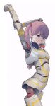 1girl android bangs blue_eyes blunt_bangs blush breasts highres joints looking_at_viewer mechanical_arms mechanical_legs original pink_hair robot_joints small_breasts smile solo stretching sukabu two_side_up vest white_background white_vest 