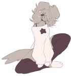  anthro big_tail blush blush_lines canid canine canis clothing domestic_dog embarrassed female fishbone hair hair_over_eye jam_(joycawn) joycawn legwear looking_at_viewer mammal messy_hair one_eye_obstructed paws shirt sitting star stockings tail topwear 