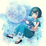  1girl :d absurdres blue_pants blue_sailor_collar bright_pupils bubble commentary_request flip-flops freckles hairband highres holding holding_pokemon lana_(pokemon) no_sclera one-piece_swimsuit open_mouth pants peppedayo_ne pokemon pokemon_(creature) pokemon_(game) pokemon_sm popplio sailor_collar sandals shirt short_hair sleeveless sleeveless_shirt smile swimsuit swimsuit_under_clothes wave_print white_pupils white_shirt yellow_hairband 